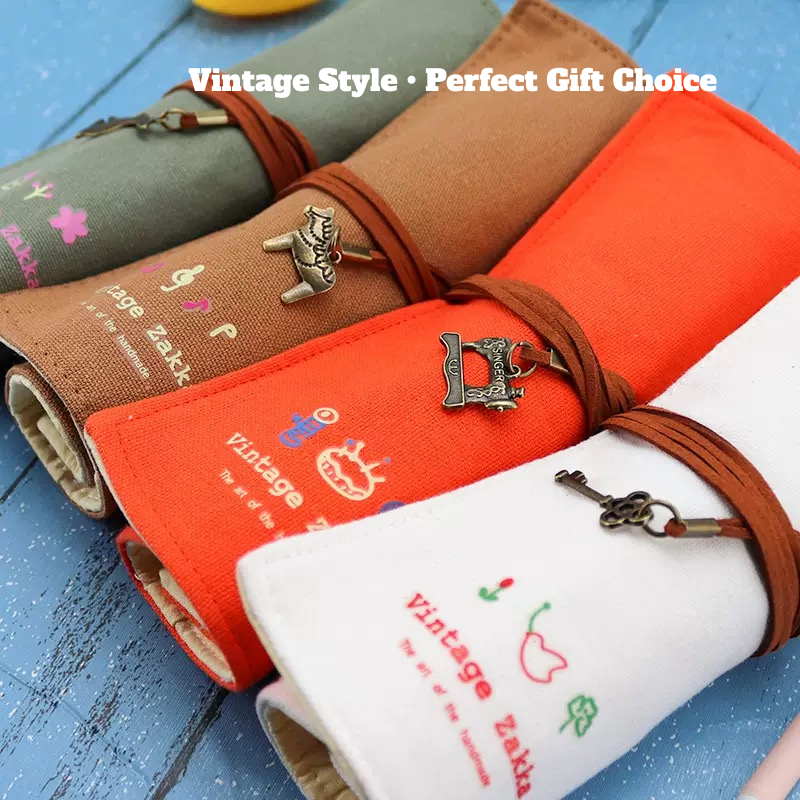 Vintage Linen Roll-Up Pencil Case – Minimalist Canvas Pen Pouch with Ties