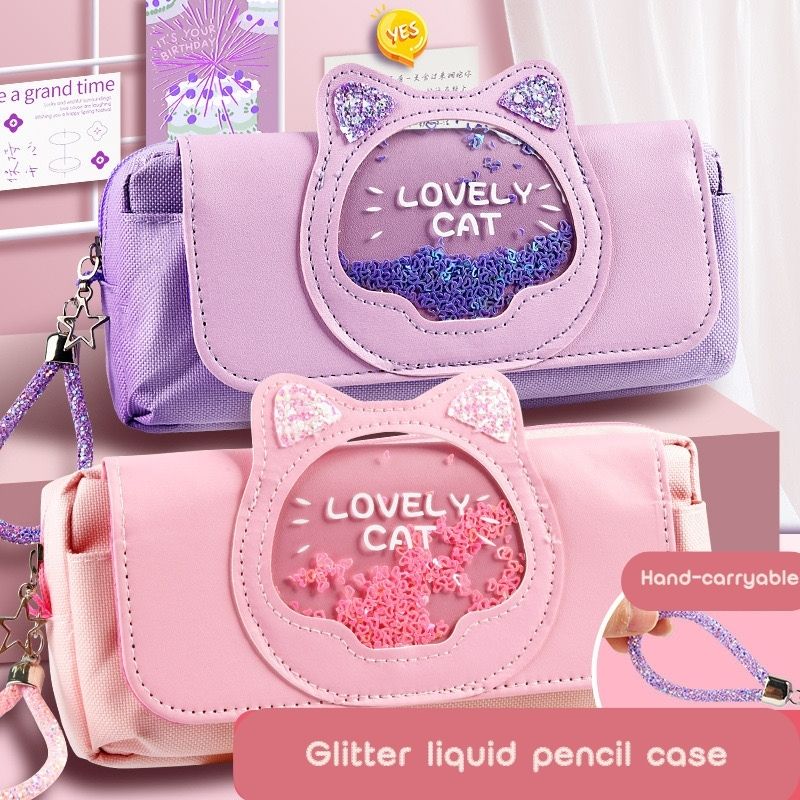 Large Capacity 3-Layer Cat Pencil Case – Glitter & Wrist Strap