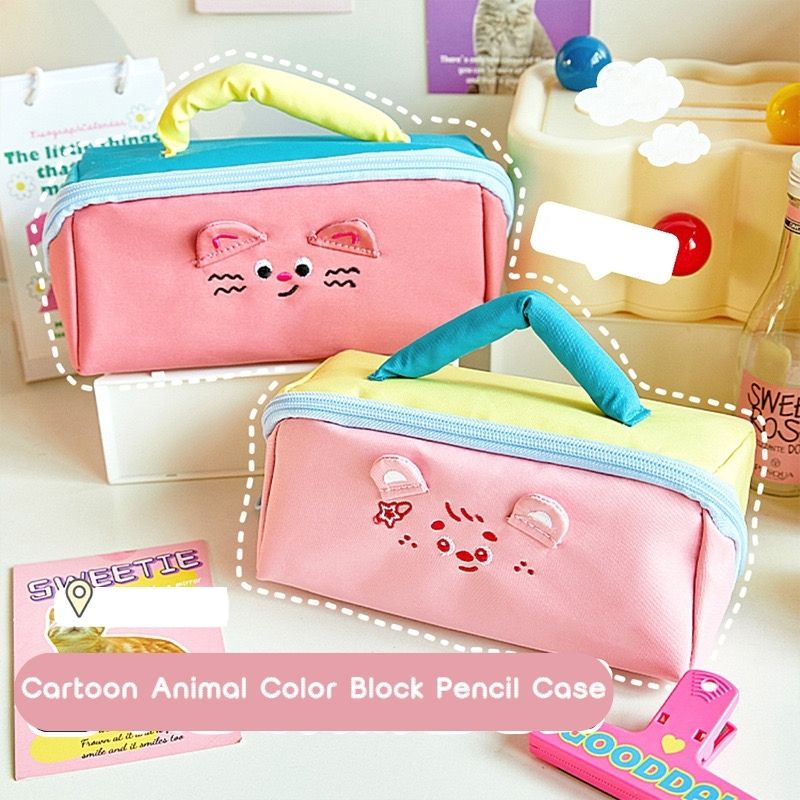 Dopamine Color Block Pencil Case Large-Capacity Animal Zipper Pouch (Bear & Cat Designs)