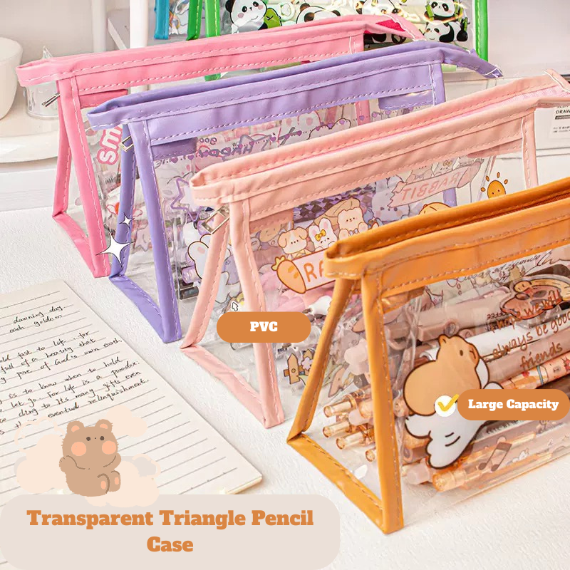 Transparent PVC Triangle Pencil Case – Cute Cartoon Stationery Bag