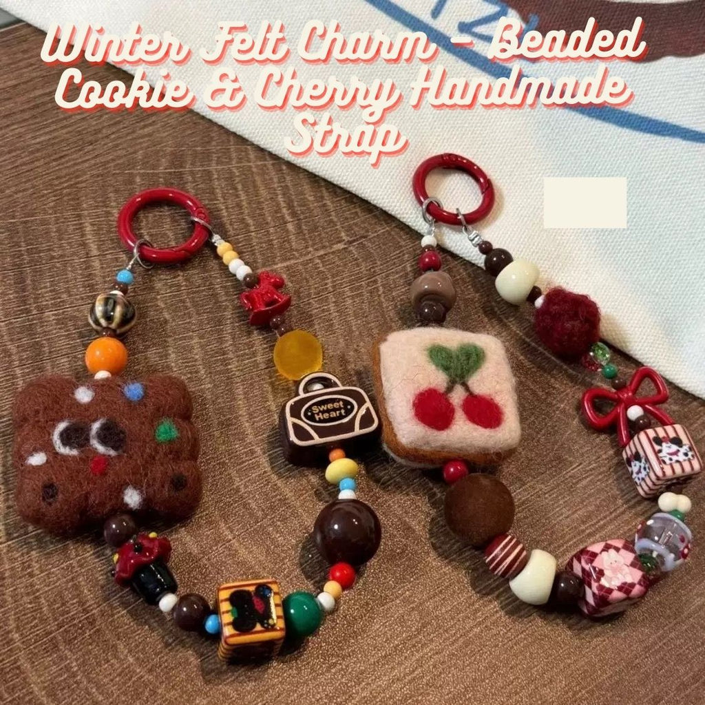 Warm Winter Felt Pendant – Handmade Biscuit & Cherry Bag Charm
