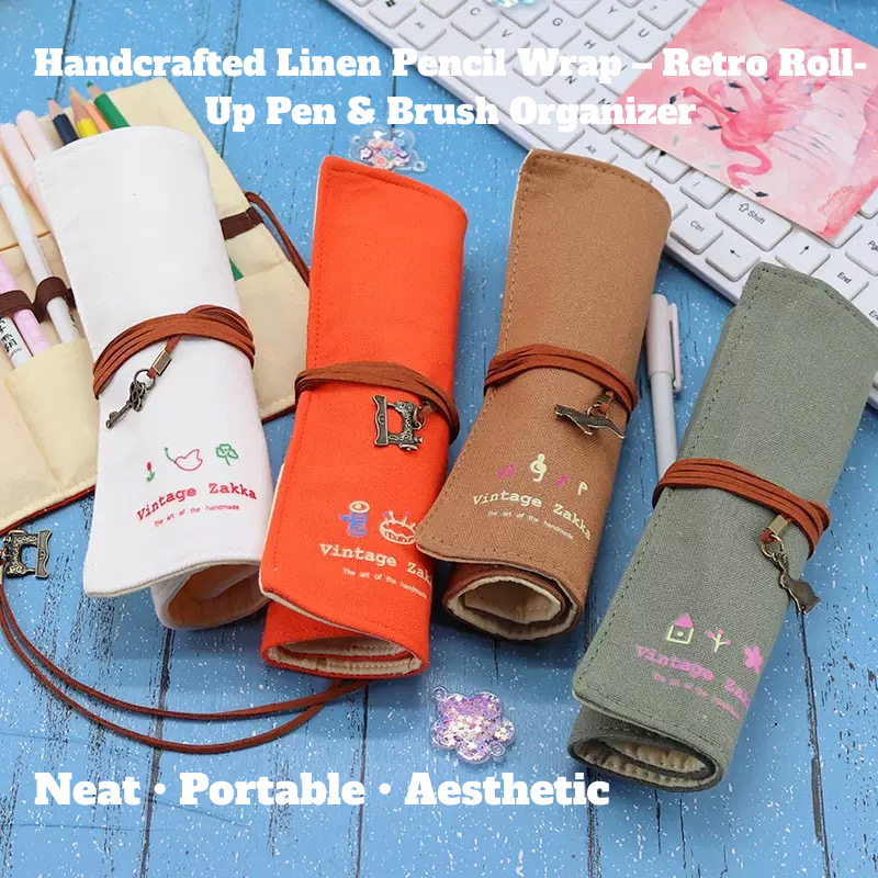 Vintage Linen Roll-Up Pencil Case – Minimalist Canvas Pen Pouch with Ties