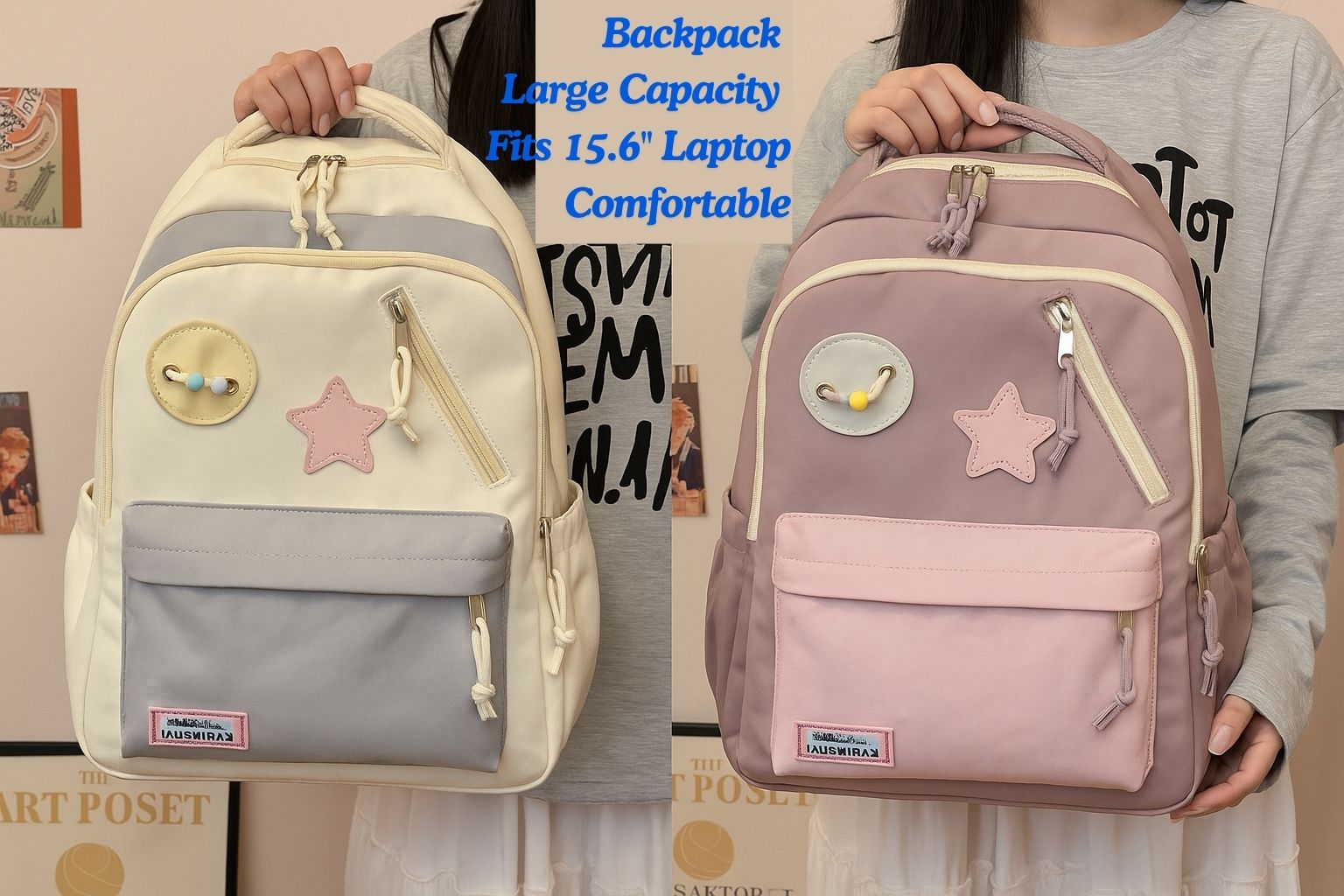 Large Capacity Kawaii Backpack – Laptop/Travel, White & Purple