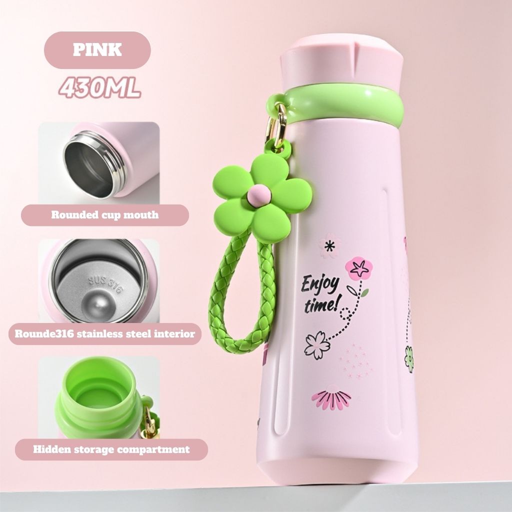 Dopamine Color Insulated Bottle – 316 Stainless Steel Portable Thermos with Strap, 430ml, Cute Gift Ideas & Outdoor Use