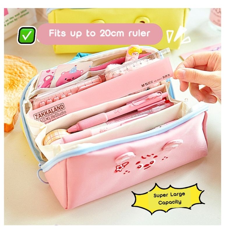 Dopamine Color Block Pencil Case Large-Capacity Animal Zipper Pouch (Bear & Cat Designs)