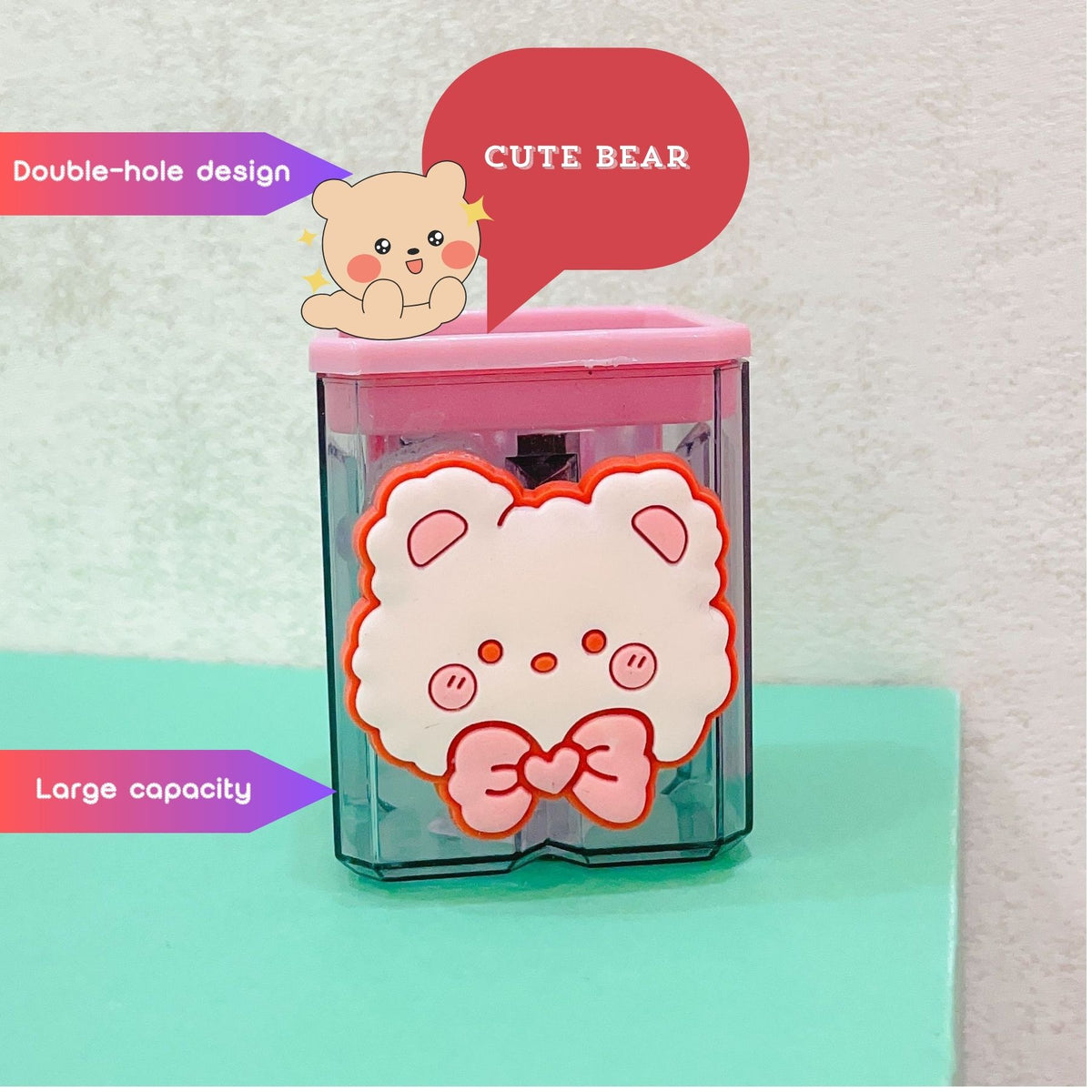 Cartoon Pencil Sharpener with Double-Hole Design – Large Capacity Transparent Case, Portable & Durable, Fits All Pencils for Office, Home & Art Supplies