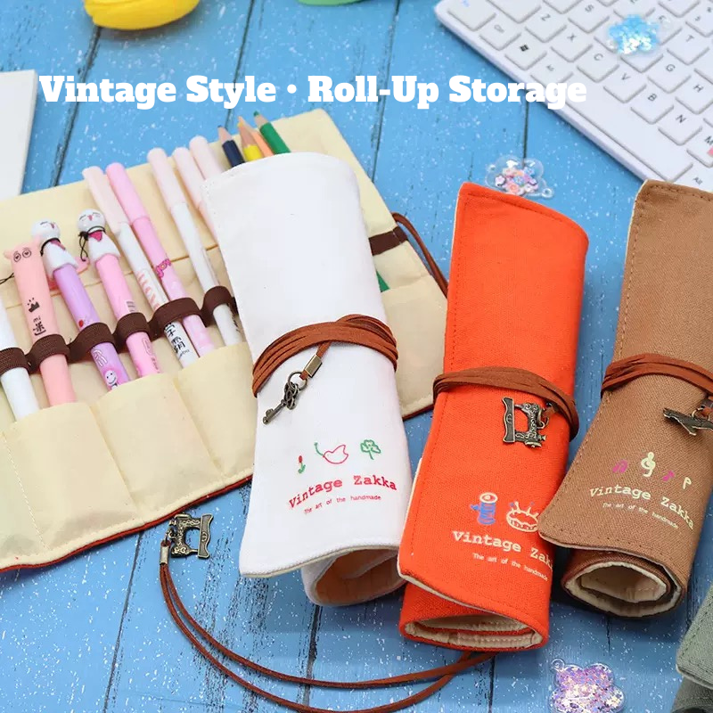 Vintage Linen Roll-Up Pencil Case – Minimalist Canvas Pen Pouch with Ties