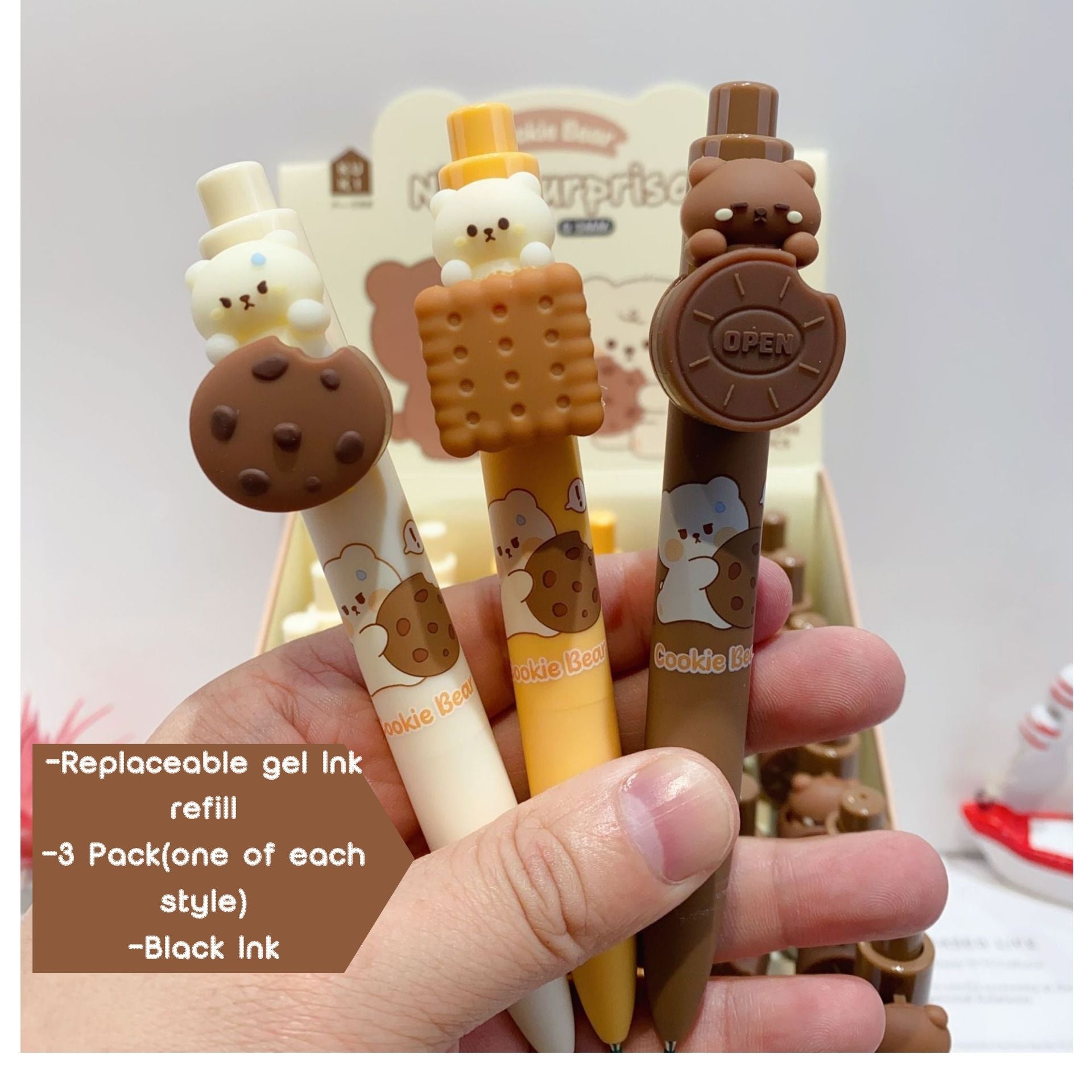 3-Pack Cookie Bear Push Pens – 0.5mm Black Ink (3 Styles)