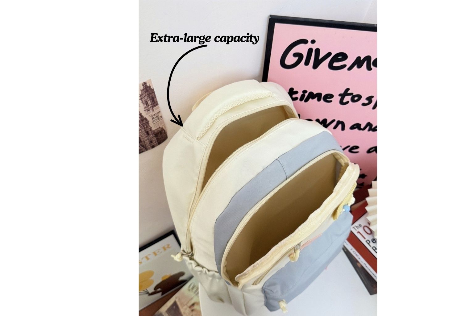 Large Capacity Kawaii Backpack – Laptop/Travel, White & Purple