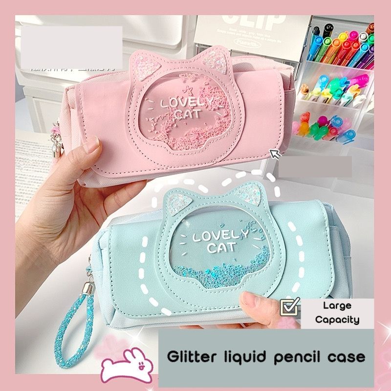 Large Capacity 3-Layer Cat Pencil Case – Glitter & Wrist Strap
