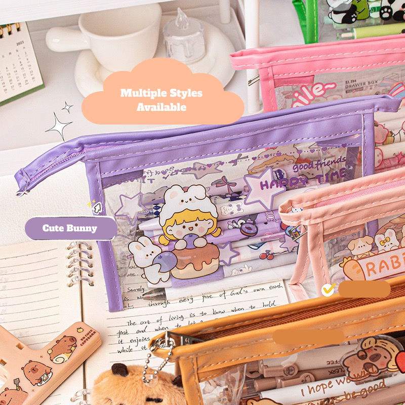 Transparent PVC Triangle Pencil Case – Cute Cartoon Stationery Bag