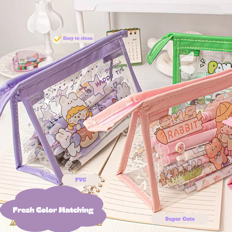 Transparent PVC Triangle Pencil Case – Cute Cartoon Stationery Bag