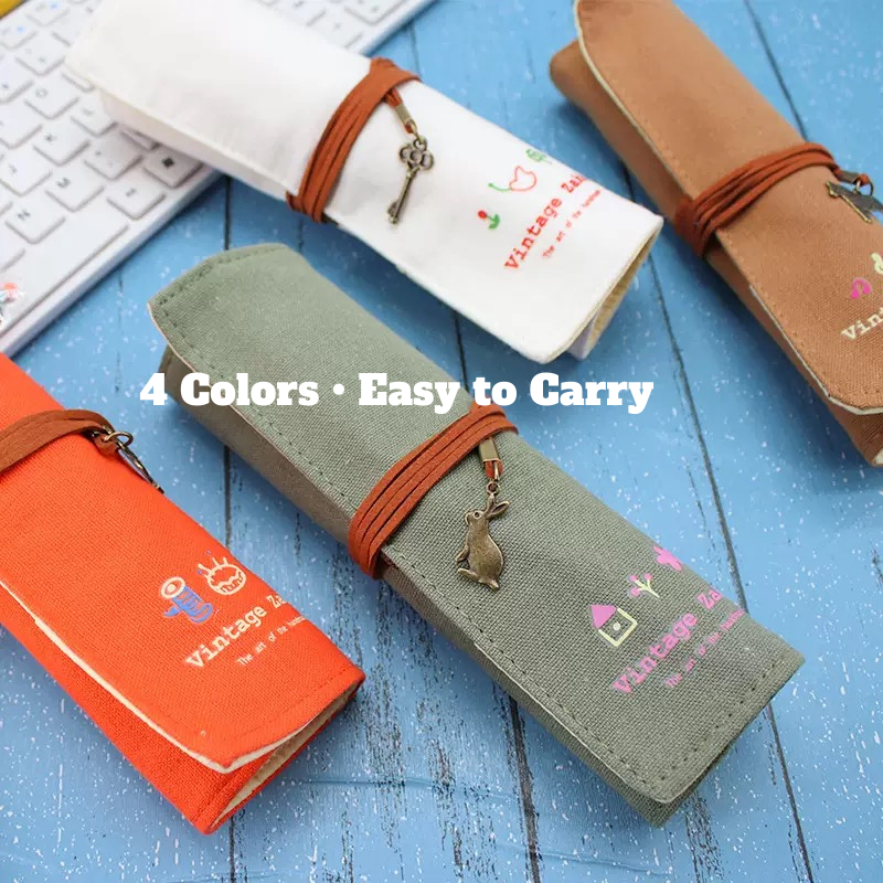 Vintage Linen Roll-Up Pencil Case – Minimalist Canvas Pen Pouch with Ties