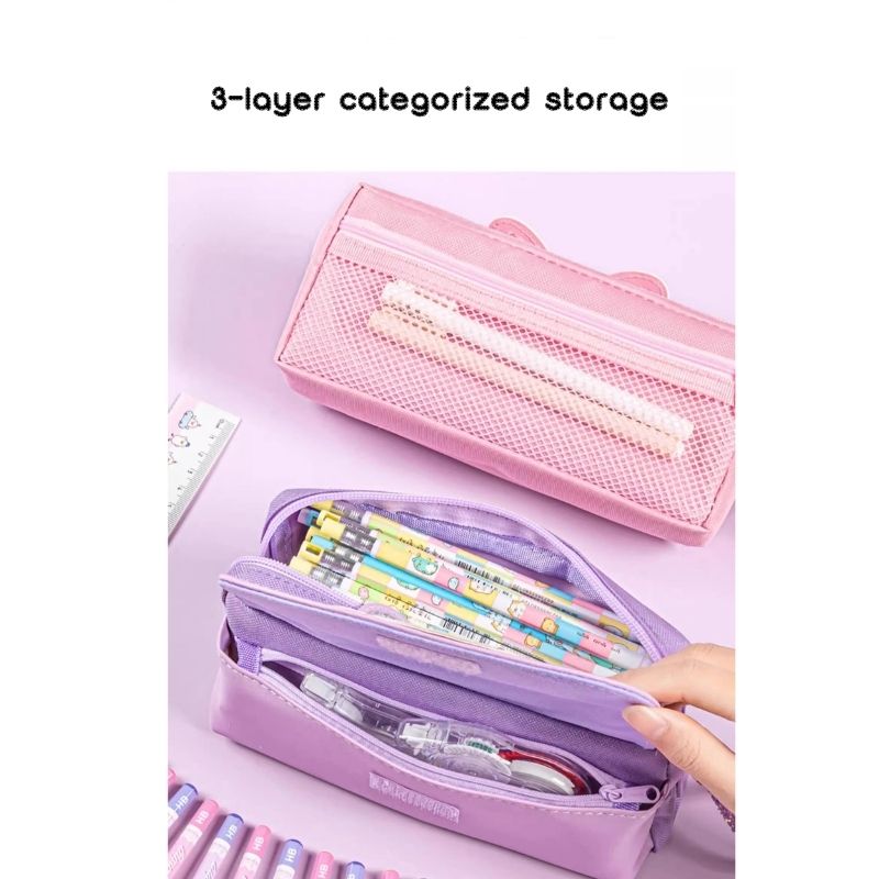 Large Capacity 3-Layer Cat Pencil Case – Glitter & Wrist Strap