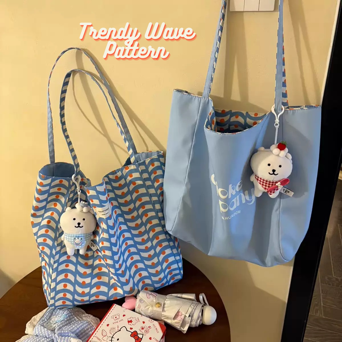 Reversible Wave Canvas Tote Bag – Large Capacity