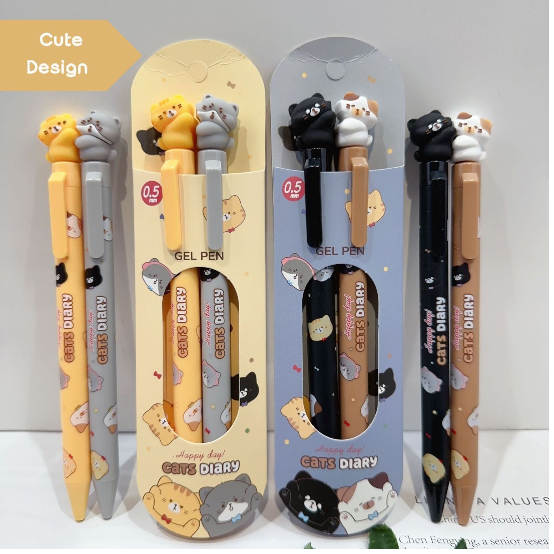 2-Pack-Cats Diary Kawaii Sharing Gel Pens 0.5mm Black Ink