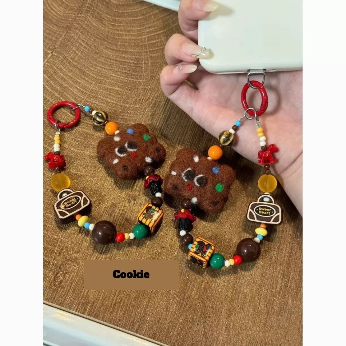 Warm Winter Felt Pendant – Handmade Biscuit & Cherry Bag Charm