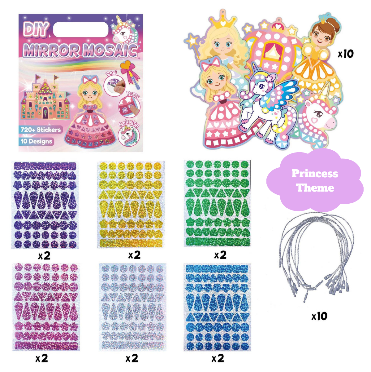 Mirror Mosaic Sticker Set – Glitter Shape Stickers with 10 Pattern Cards