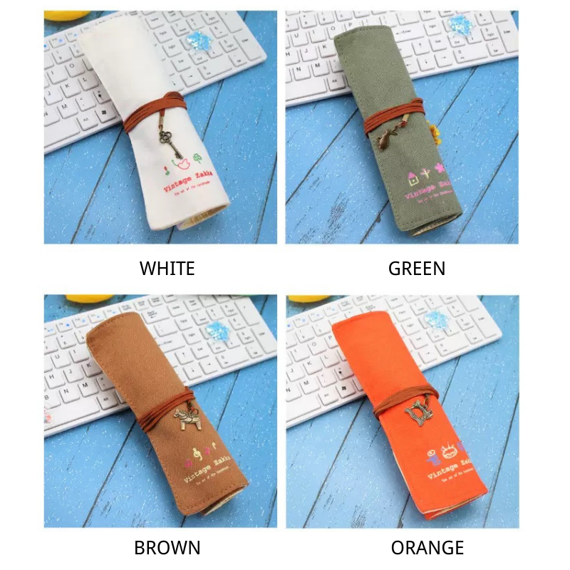 Vintage Linen Roll-Up Pencil Case – Minimalist Canvas Pen Pouch with Ties