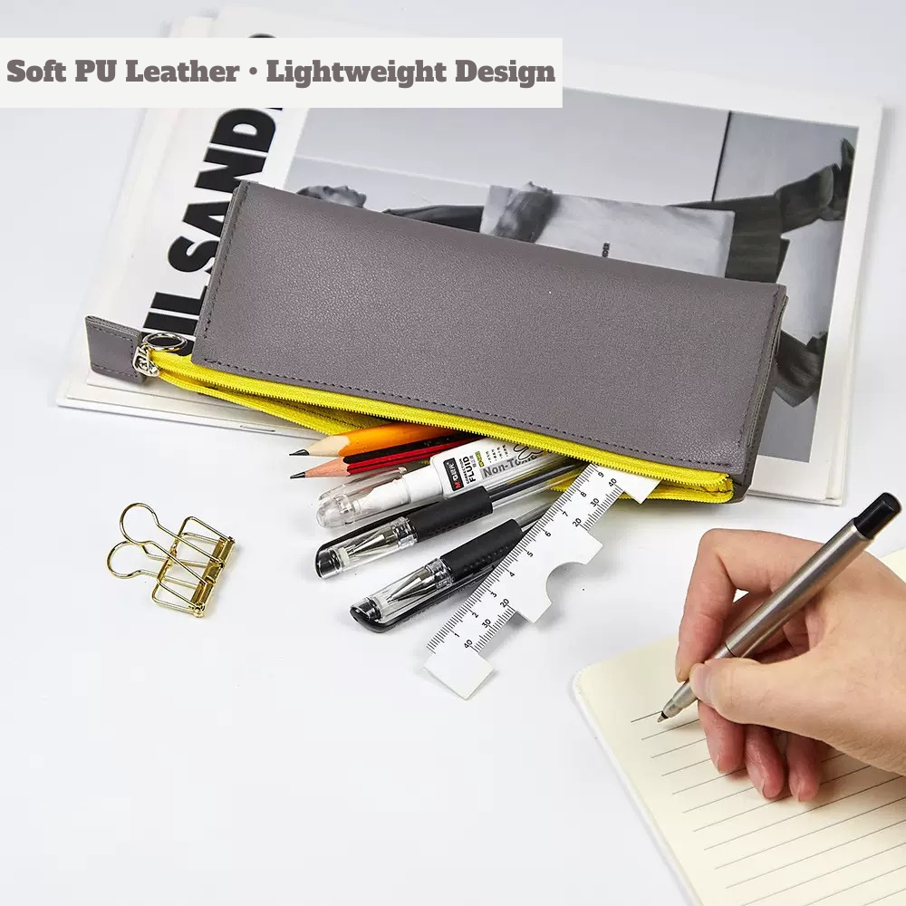 Simple PU Leather Pencil Bag – Lightweight Slim Stationery Case