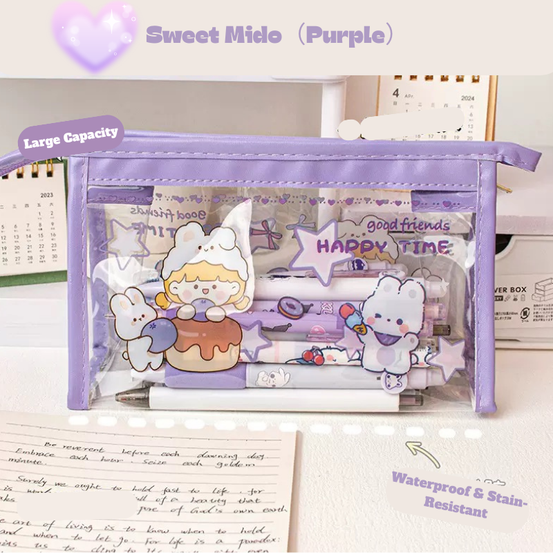 Transparent PVC Triangle Pencil Case – Cute Cartoon Stationery Bag
