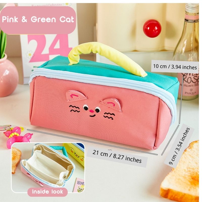 Dopamine Color Block Pencil Case Large-Capacity Animal Zipper Pouch (Bear & Cat Designs)