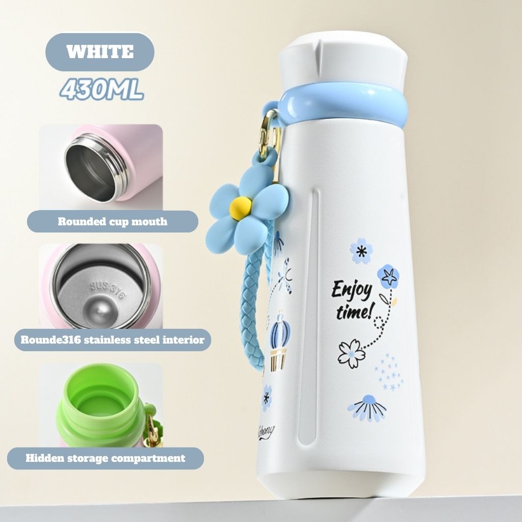 Dopamine Color Insulated Bottle – 316 Stainless Steel Portable Thermos with Strap, 430ml, Cute Gift Ideas & Outdoor Use