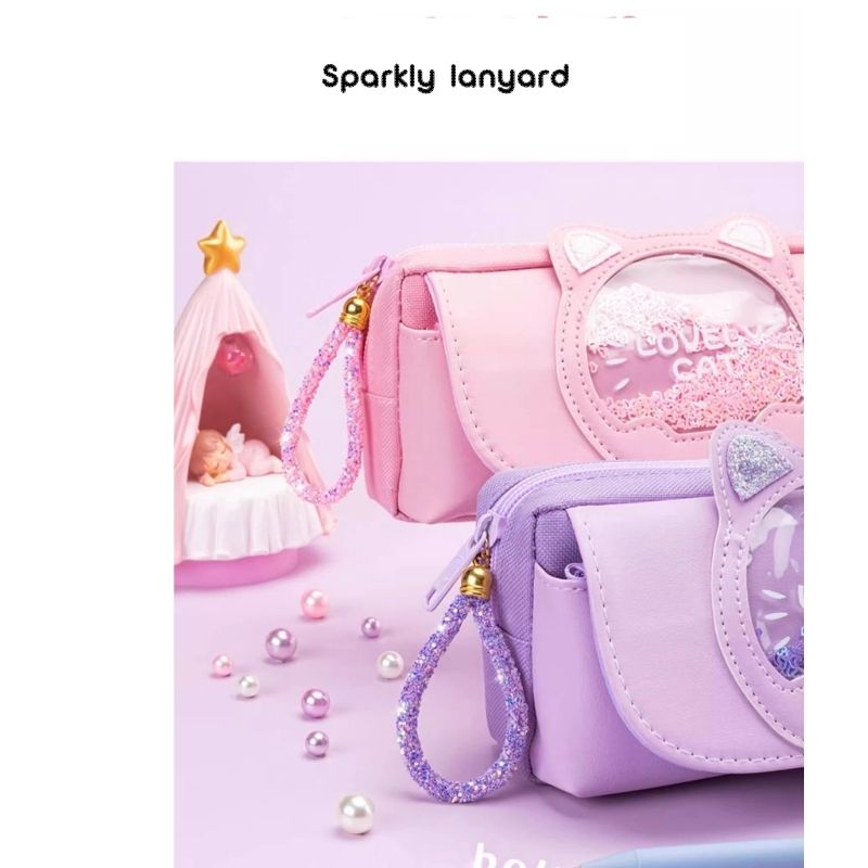 Large Capacity 3-Layer Cat Pencil Case – Glitter & Wrist Strap