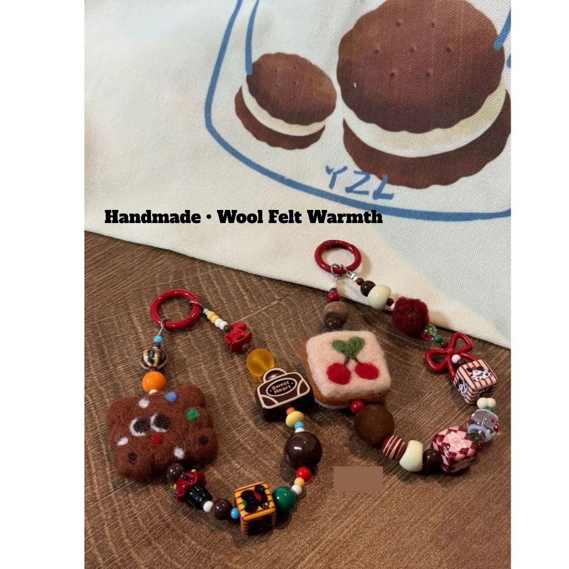 Warm Winter Felt Pendant – Handmade Biscuit & Cherry Bag Charm