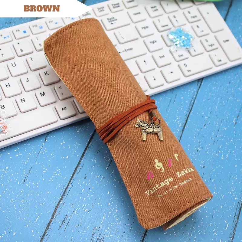 Vintage Linen Roll-Up Pencil Case – Minimalist Canvas Pen Pouch with Ties