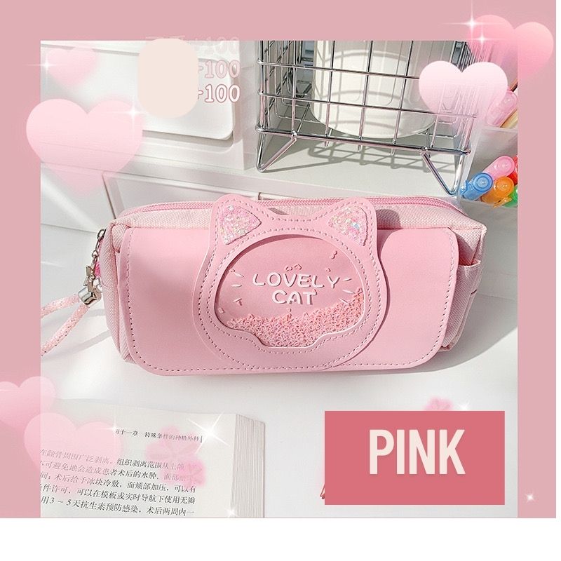 Large Capacity 3-Layer Cat Pencil Case – Glitter & Wrist Strap
