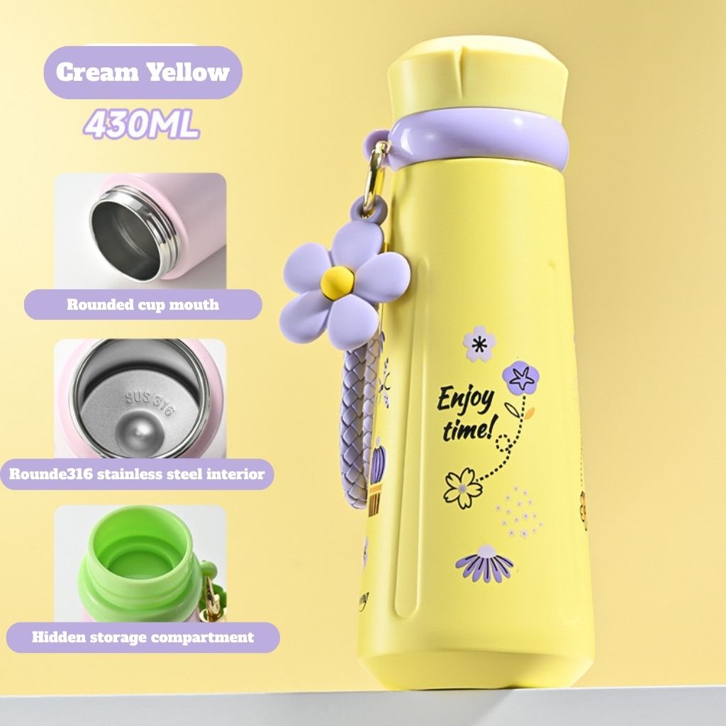 Dopamine Color Insulated Bottle – 316 Stainless Steel Portable Thermos with Strap, 430ml, Cute Gift Ideas & Outdoor Use