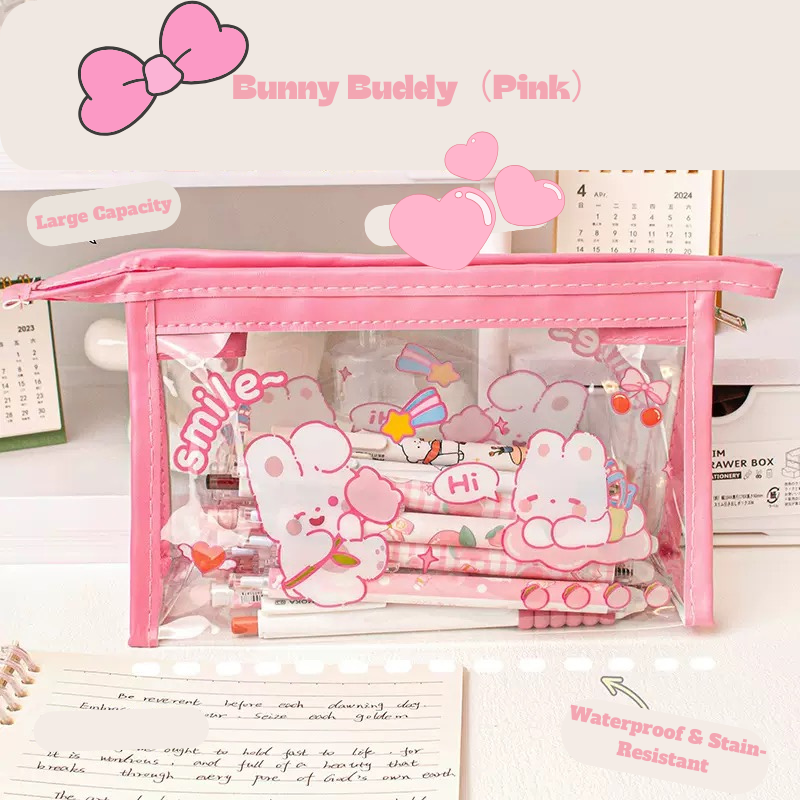 Transparent PVC Triangle Pencil Case – Cute Cartoon Stationery Bag