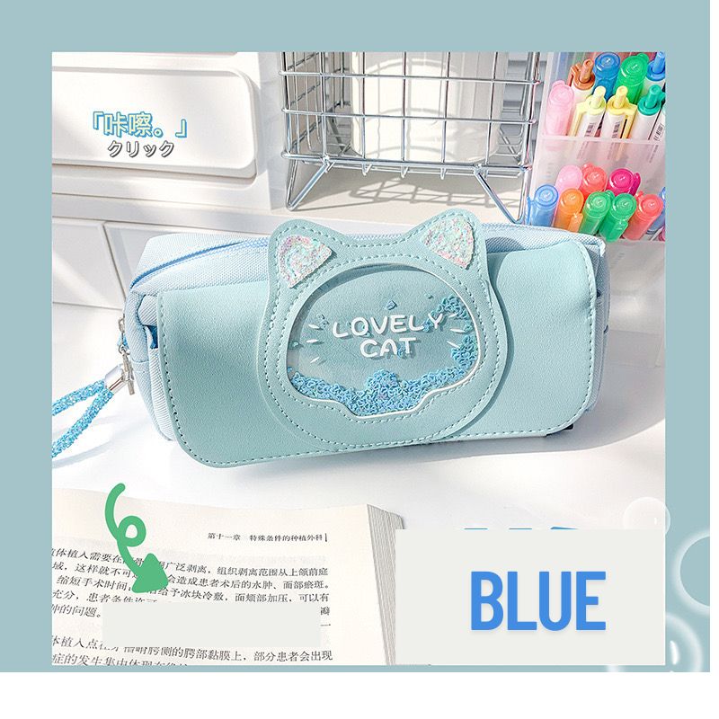 Large Capacity 3-Layer Cat Pencil Case – Glitter & Wrist Strap