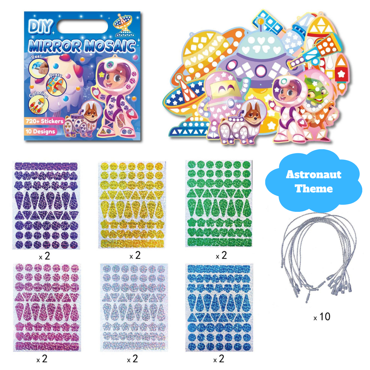 Mirror Mosaic Sticker Set – Glitter Shape Stickers with 10 Pattern Cards