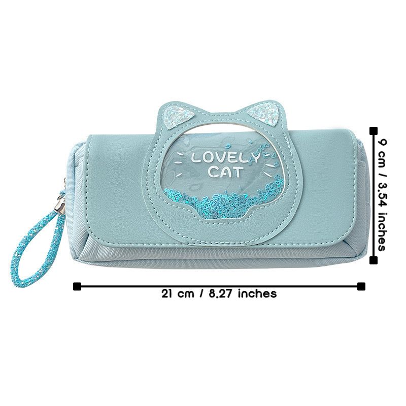 Large Capacity 3-Layer Cat Pencil Case – Glitter & Wrist Strap