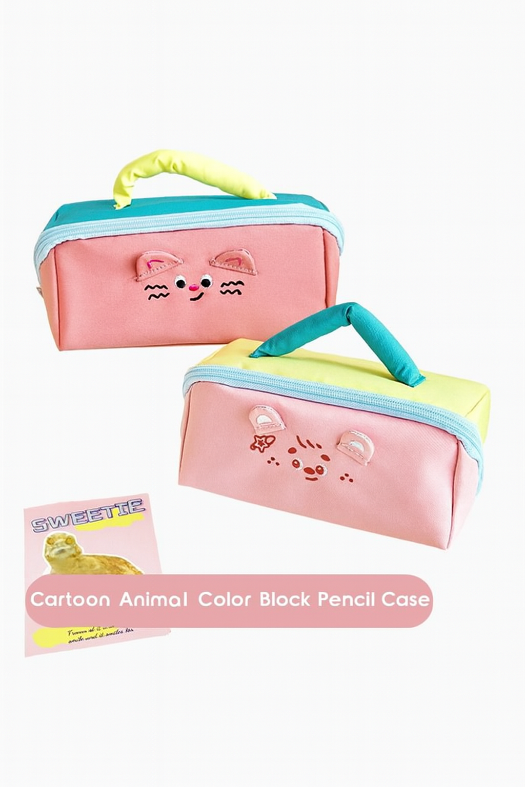 Dopamine Color Block Pencil Case Large-Capacity Animal Zipper Pouch (Bear & Cat Designs)