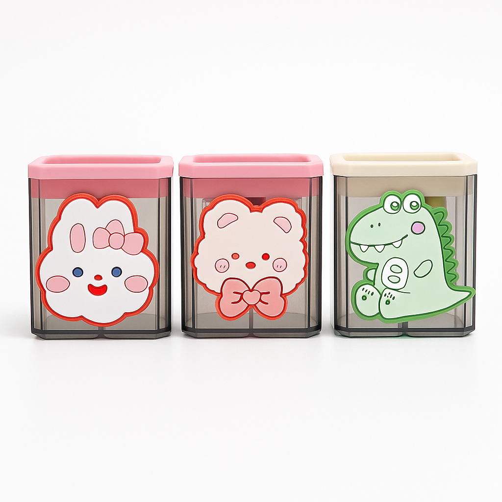 Cartoon Pencil Sharpener with Double-Hole Design – Large Capacity Transparent Case, Portable & Durable, Fits All Pencils for Office, Home & Art Supplies