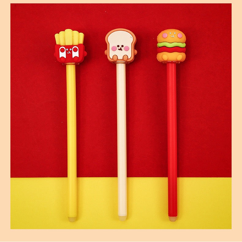 Snack Erasable Pens – 3 Pack, 0.5mm Black (Burger/Fries/Toast)
